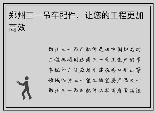郑州三一吊车配件，让您的工程更加高效